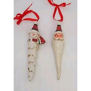 Lot Of 2 Vintage 6" Icicle Shape Christmas Ornaments Santa And Snowman Porcelian